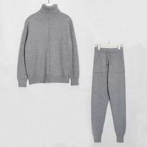 Wixra Women's Sweater Suit and Sets Turtleneck Long Sleeve Sweaters+Pockets Long Trousers 2PCS Solid Casual Sets Autumn Winter